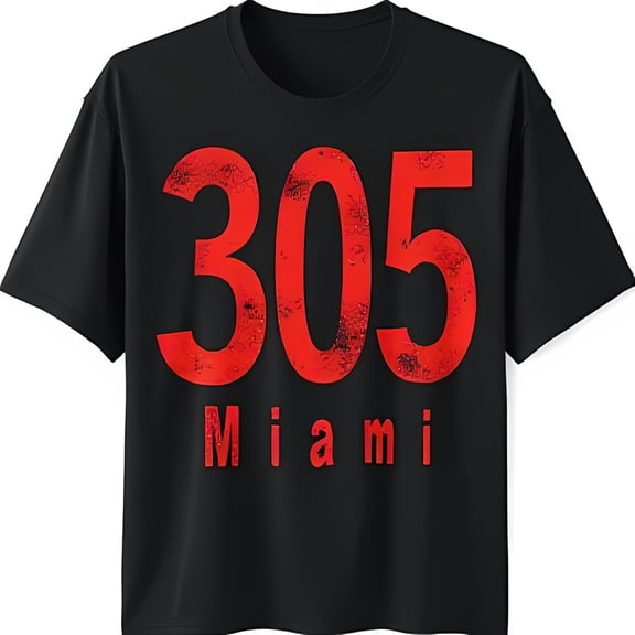 Vintage Black T-Shirt with Bold Red 305 Miami Graphic Design