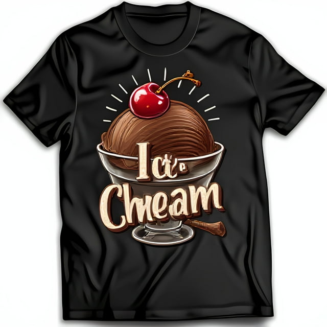 Vintage Black TShirt with Chocolate Ice Cream Sundae & Cherry Design
