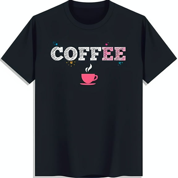 Vintage Black T-Shirt with Colorful 'COFFEE' Design & Coffee Cup Illustration