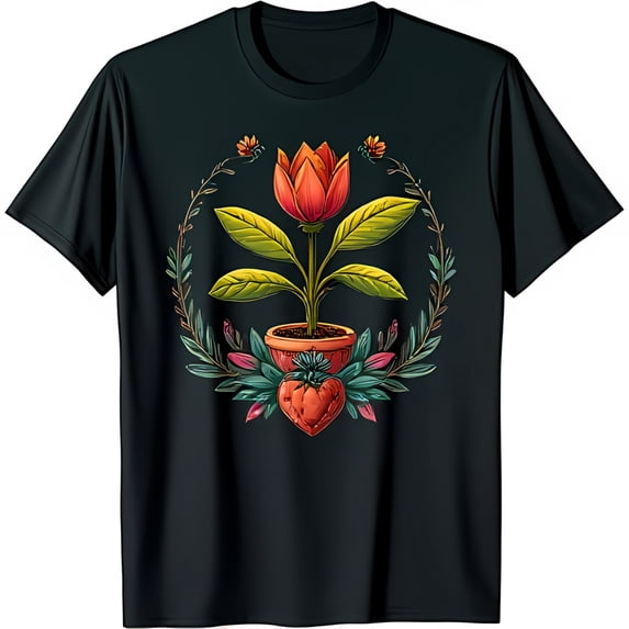 Vintage Black T-Shirt with Colorful Potted Plant Design Red Flower & Heart