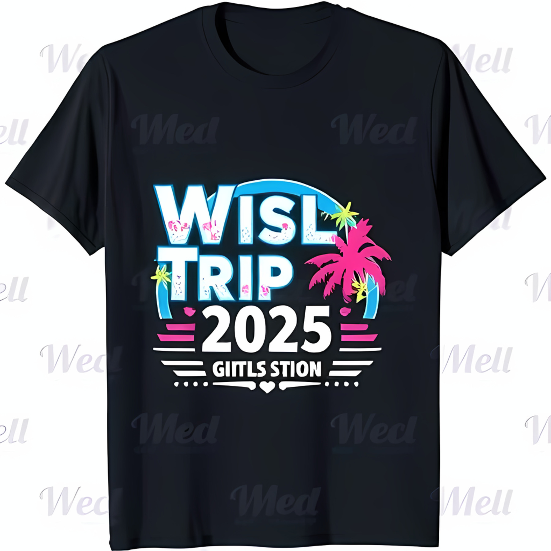 Vintage Black TShirt with Colorful 'WISL TRIP 2025' Graphic & Pink