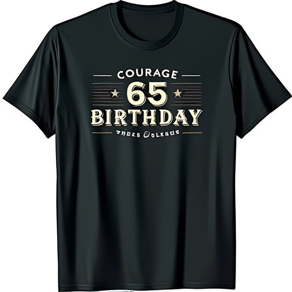 Vintage Black T-Shirt with Courage 65 Birthday Graphic & Woodgrain Design