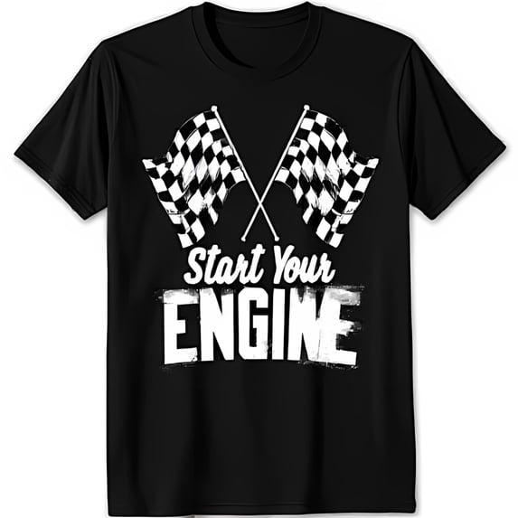 Vintage Black T-Shirt with Crossed Checkered & 'Start Your Engine' Graphic