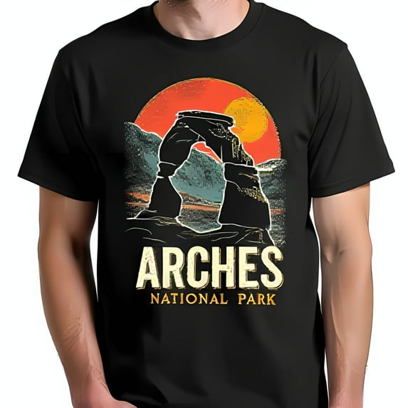 Vintage Black T-Shirt with Delicate Arch Graphic Arches Park Design