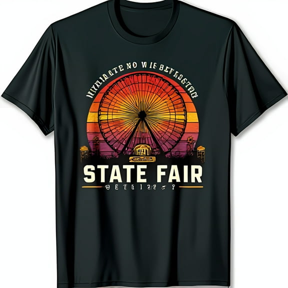 Vintage Black T-Shirt with Ferris Wheel Sunset Graphic & Whimsical State Fair Text