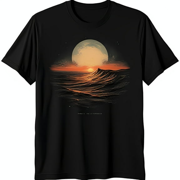 Vintage Black T-Shirt with Full Moon and Ocean Wave Graphic Design