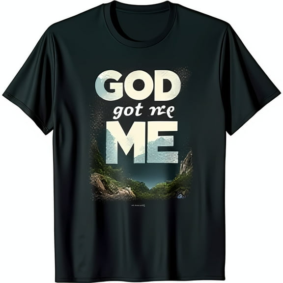 Vintage Black T-Shirt with GOD Got Me ME Graphic Forest & Mountain Design