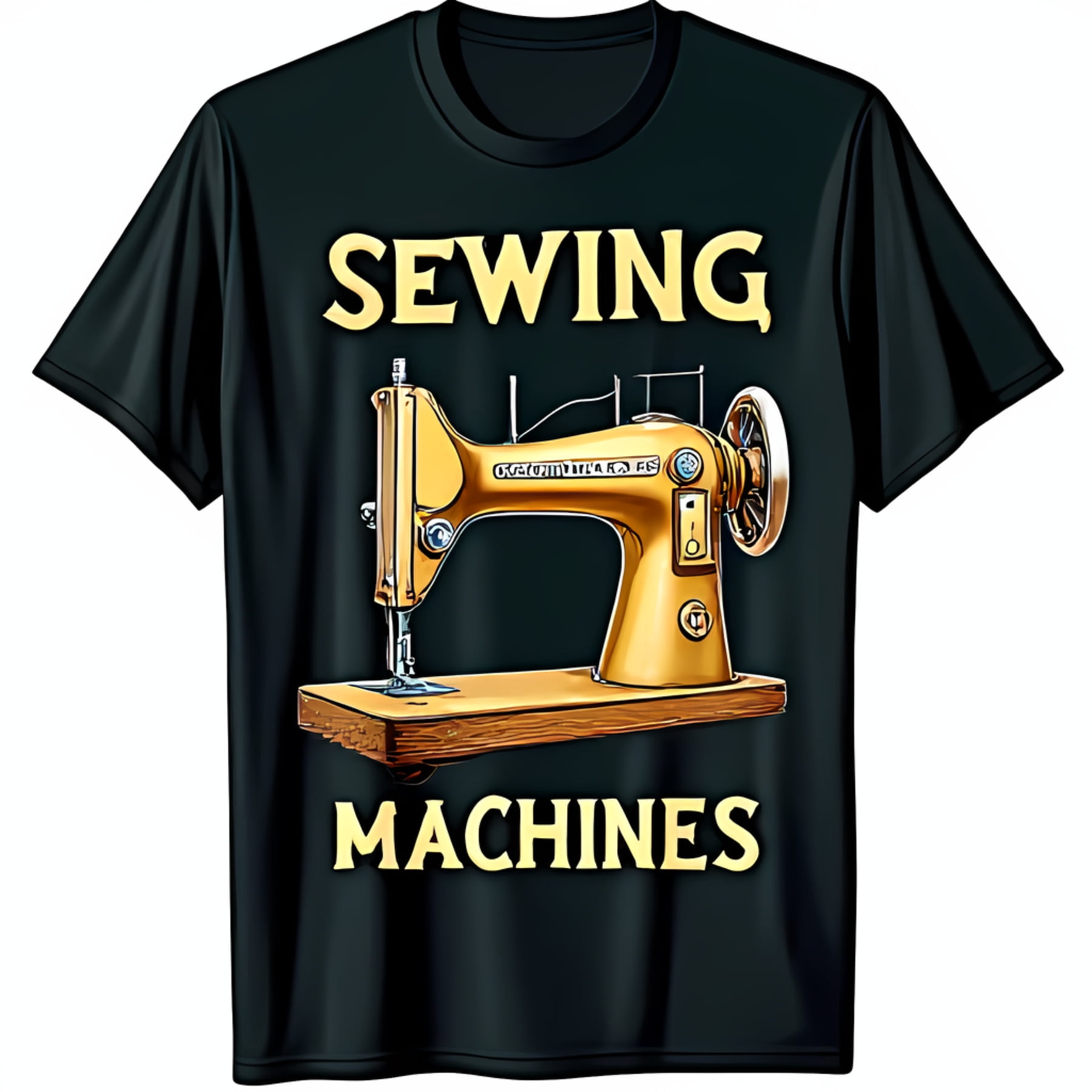 Vintage Black TShirt with Gold Sewing Machine Design & Bold 'Sewing