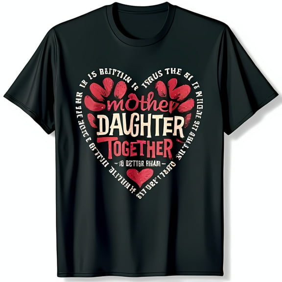 Vintage Black T-Shirt with Heart Design 'Mother Daughter Together' Graphic Tee