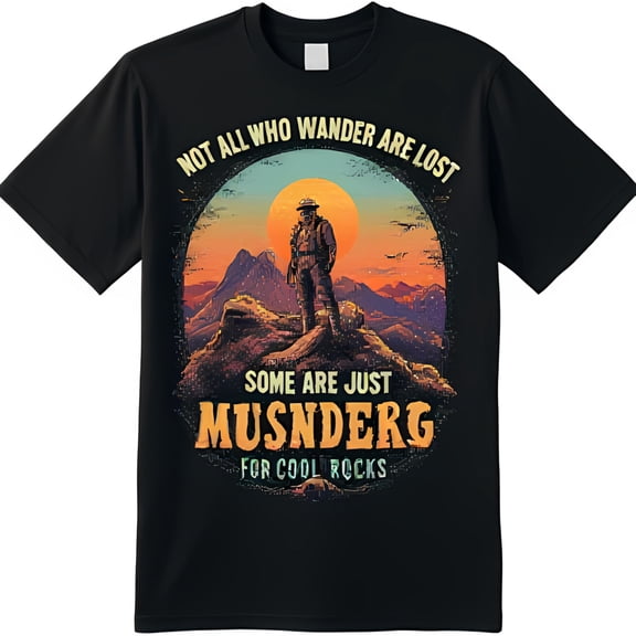 Vintage Black T-Shirt with Hiker Graphic & Sunset Not All Who Wander Design