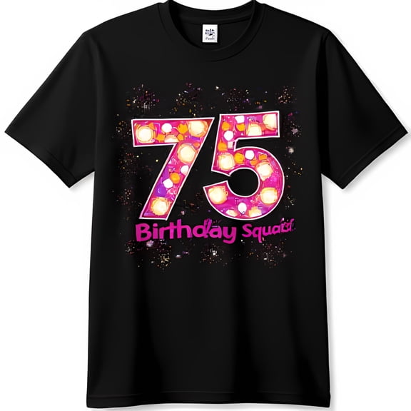 Vintage Black T-Shirt with Illuminated Pink & 75 Birthday Squad Design