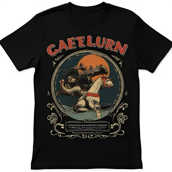 Vintage Black T-Shirt with Moon Graphic & Dark Figure on White Horse Cafe Lurn Design