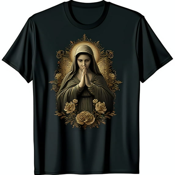 Vintage Black T-Shirt with Mystical Woman in Prayer Graphic & Floral Design