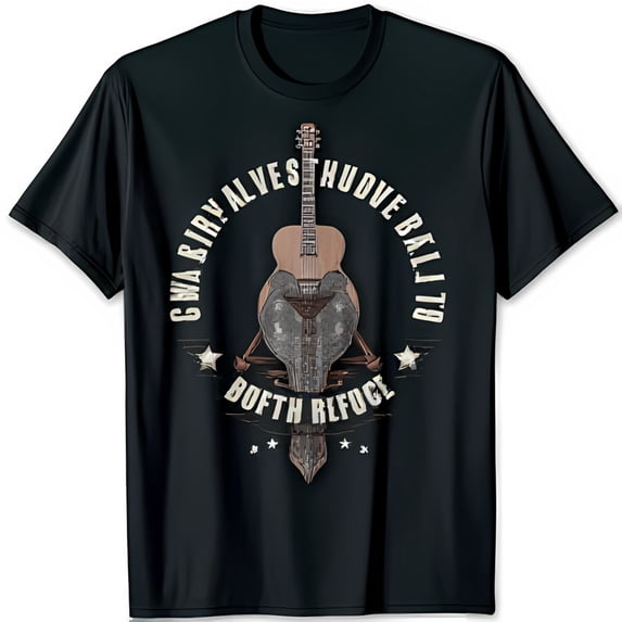 Vintage Black T-Shirt with Ornate Acoustic Design & Aged Text