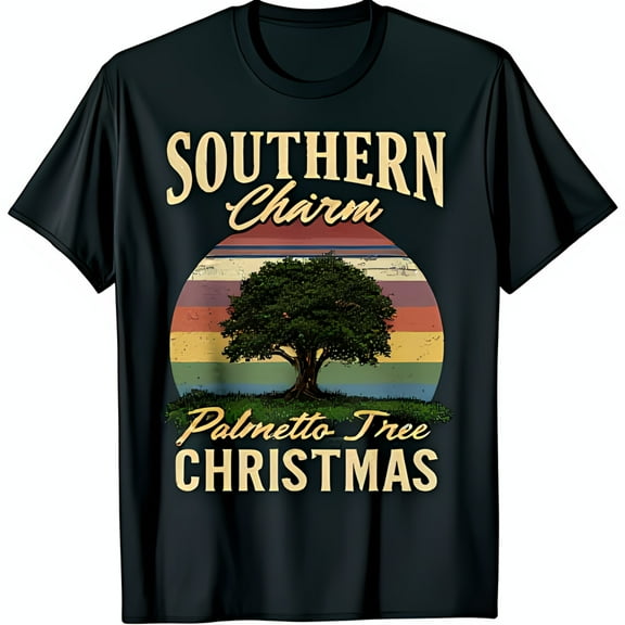 Vintage Black T-Shirt with Palmetto Tree & Sunset Southern Charm Christmas Design