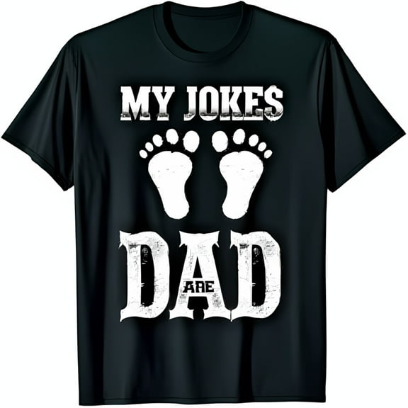 Vintage Black T-Shirt with Playful 'My Jokes Are Dad' Graphic & Footprints