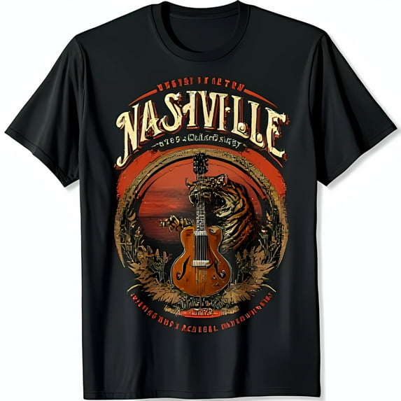 Vintage Black T-Shirt with Playing Graphic Nashville Music City Design