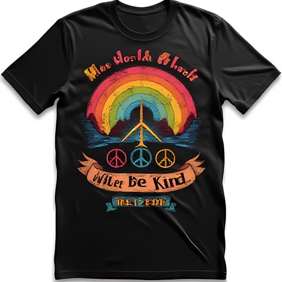 Vintage Black T-Shirt with Rainbow Peace Sign & Kindness 1967