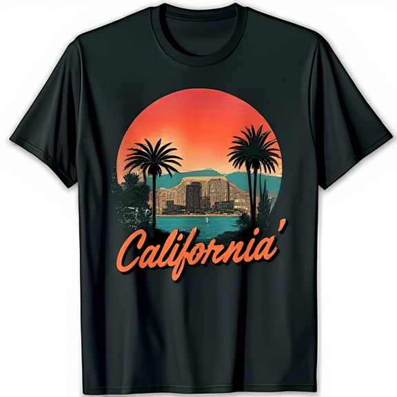 Vintage Black T-Shirt with Retro California & Sunset Graphic