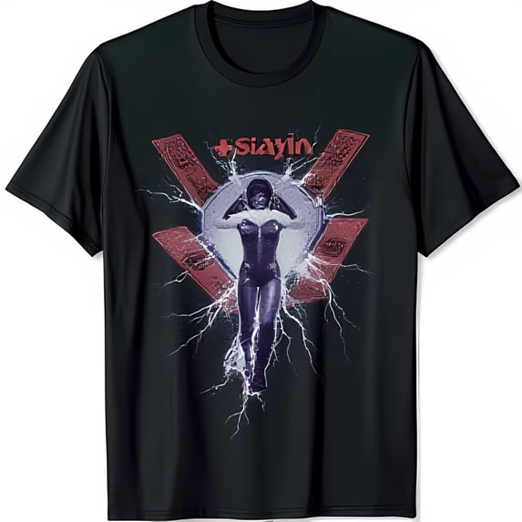 Vintage Black T-Shirt with Retro Woman Graphic Bolts & Siaylin Design