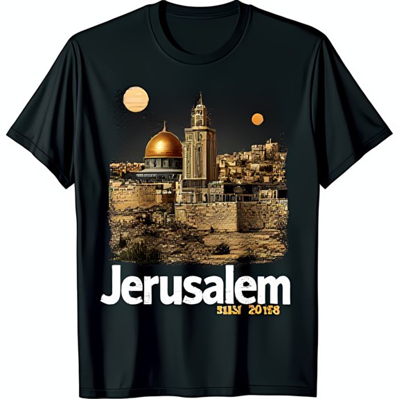 Vintage Black T-Shirt with Rustic Dome of Graphic & Jerusalem Text