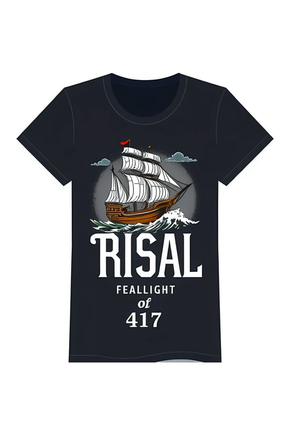 Vintage Black T-Shirt with Sailing Ship Graphic 'RISAL FEALLIGHT of 417'