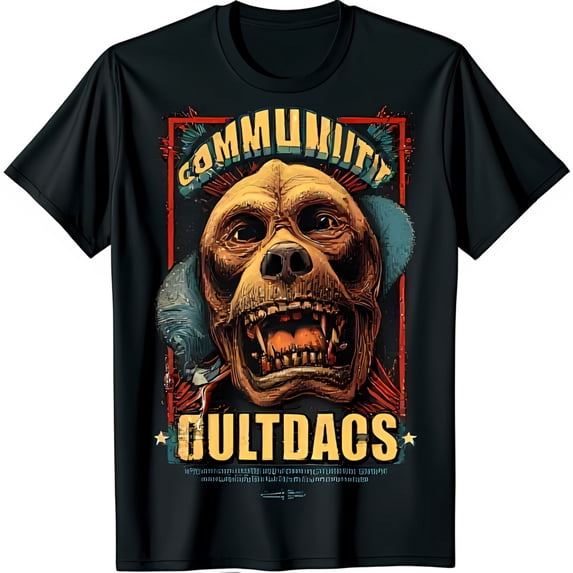Vintage Black T-Shirt with Snarling Dog Graphic 'COMMUNITY' & 'GULTDACS' Design