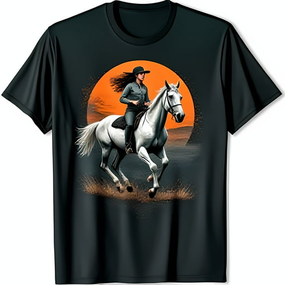 Vintage Black T-Shirt with Sunset Horse Riding Graphic for Equestrian Lovers
