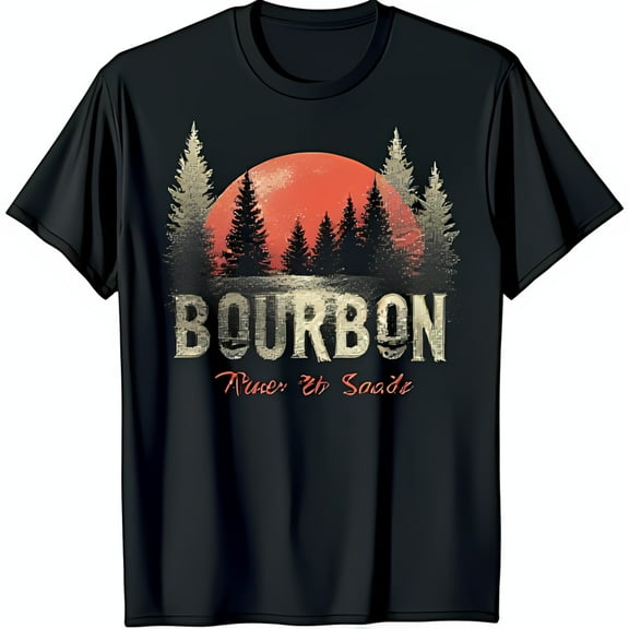 Vintage Black T-Shirt with Sunset Pine Forest Graphic & BOURBON Text