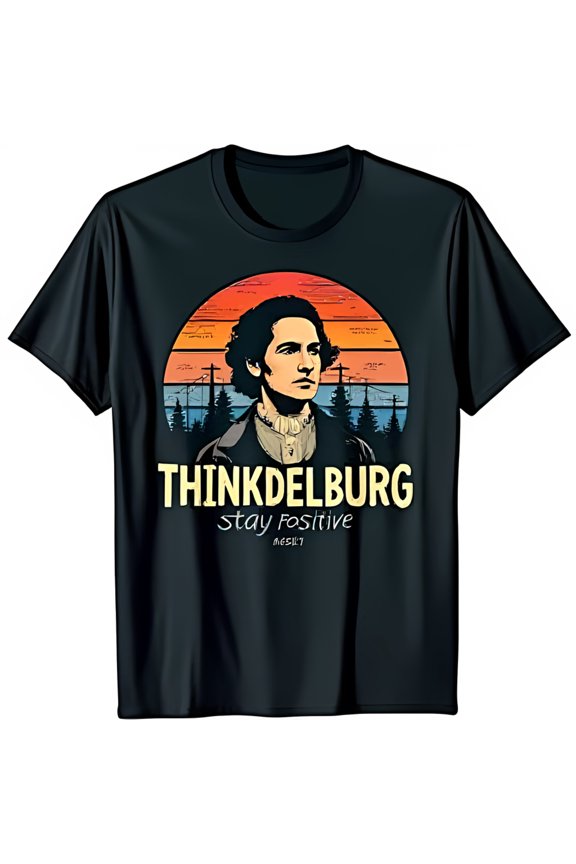 Vintage Black T-Shirt with Sunset Portrait of Bearded Man Thinkdelburg & Stay Positive Design