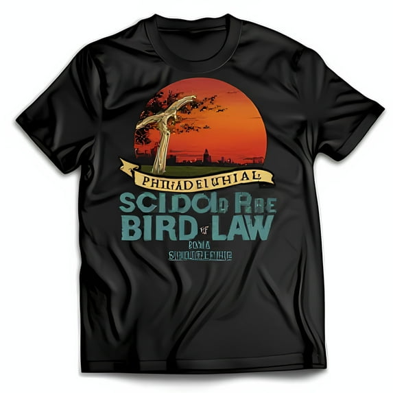 Vintage Black T-Shirt with Sunset Tree & Cityscape Graphic Edgy Retro Design