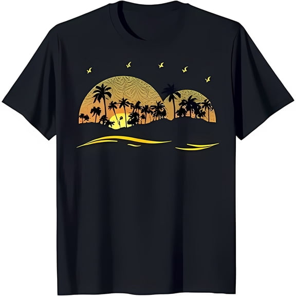 Vintage Black T-Shirt with Sunset Tree Island Graphic & Flying Birds