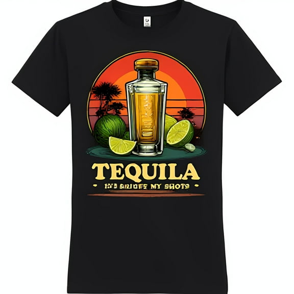 Vintage Black T-Shirt with Tequila Bottle Limes & Sunset Design Tequila I d Off My Shots