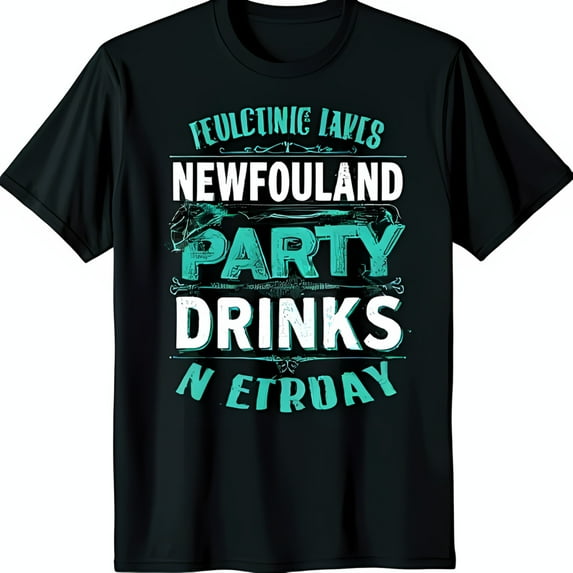 Vintage Black T-Shirt with Unique Chest Graphic: 'FEULCTINIC LAVES NEWFOULAND PARTY DRINKS N ETRUDAY'