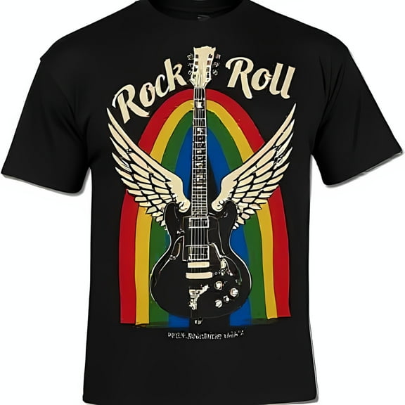 Vintage Black T-Shirt with Wings Rock Roll Design