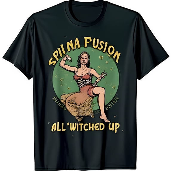Vintage Black T-Shirt with Woman on Golden & Skeletal Arm Spina Design