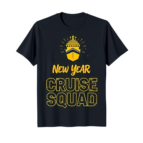 Vintage Black T-Shirt with Yellow Cruise Ship Graphic New Year Cruise Squad