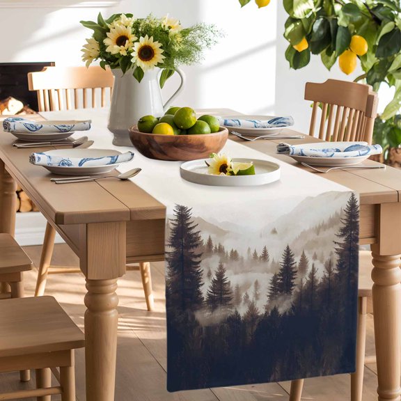 Vintage Black Tree Forest Mountain Table Runner-90 Inch Long Nature Scenery Table Runners Linen Burlap Tablerunner for Kitchen Dining Room Holiday Party