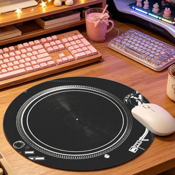 Vintage Black Vinyl Record Art Round Mouse Pad, 2D Printed Mouse Mat for Home Office Gaming (8.66in), Stylish Desktop Decor & Festival Gift