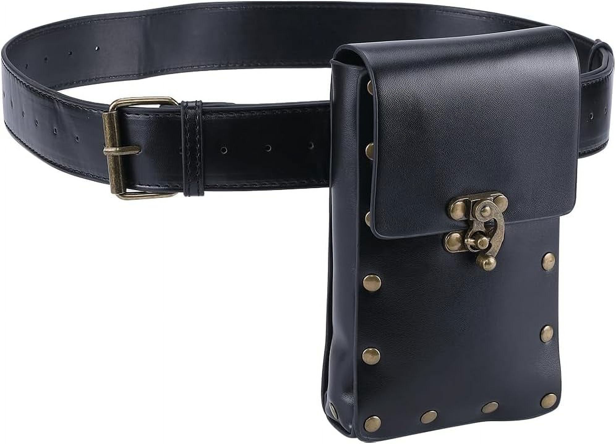 Vintage Black Waist Bag Medieval Leather Belt Pouch Set 