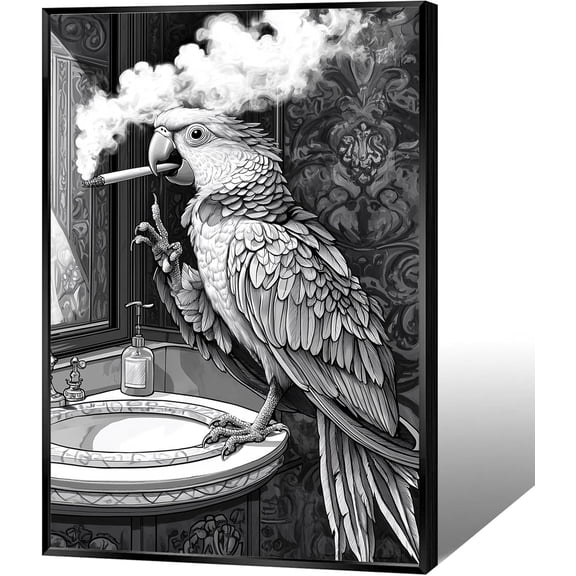Vintage Black And White Animal Posters Quirky Funny Smoking Parrot Bathroom Wall Art Retro Style Bird Print Painting For Washroom Restroom Decor 8x12in Unframed
