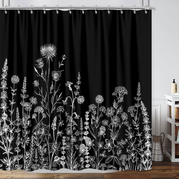 Vintage Black and White Boho Shower Curtain, Black and White Dark Floral Aesthetic Wildflower Botanical Flowers Shower Curtain for Bathroom with Hook,Farmhouse Plant Art Chic Shower Curtain 72X72