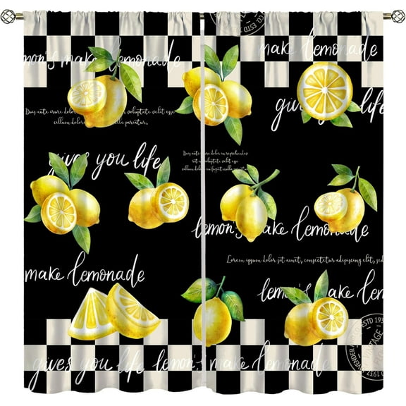 Vintage Black White Buffalo Plaid Kitchen Curtains Rod Pocket Lemon Kitchen Decor Rustic Fruit Words Stamp Lattice Art Small Living Room Window Drapes Treatment Fabric 42x84in,2 Panel Set