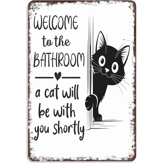 Vintage Black & White Cat Wall Art - "Welcome To The Bathroom" Funny Metal Tin Sign - Retro Bathroom Decor With Cat Design - Aluminum Tin Sign For Restroom 8x12in