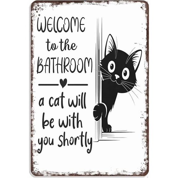 Vintage Black & White Cat Wall Art - "Welcome To The Bathroom" Funny Metal Tin Sign - Retro Bathroom Decor With Cat Design - Aluminum Tin Sign For Restroom 8x12in