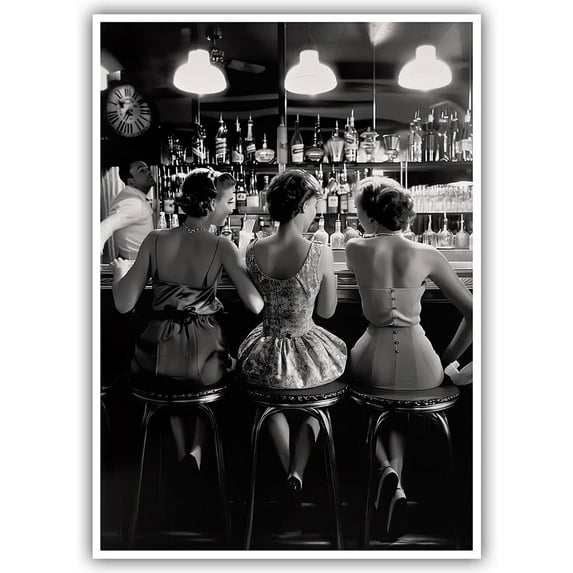 Vintage Black and White Posters Trendy Women Drink Cocktail Wall Art Funky Girly Room Decor Retro Alcohol Canvas Prints Three Friends Pictures for Bar Cart Apartment Dorm Aesthetic 12x16in Unframed