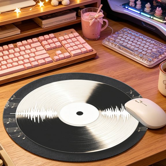 Vintage Black White Vinyl Record Round Mouse Pad, 2D Printed Mat for Office Gaming (8.66in), Desktop Decor & Festival Gift