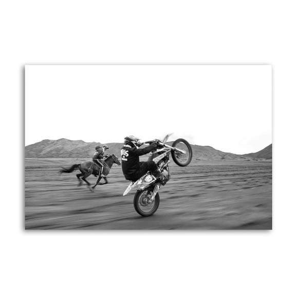 Vintage Black And White Western Cowboy Motocross Horse Racing Wall Art Poster Scroll Canvas Painting Picture Living Room Decor Home 16x24inch(40x60cm)