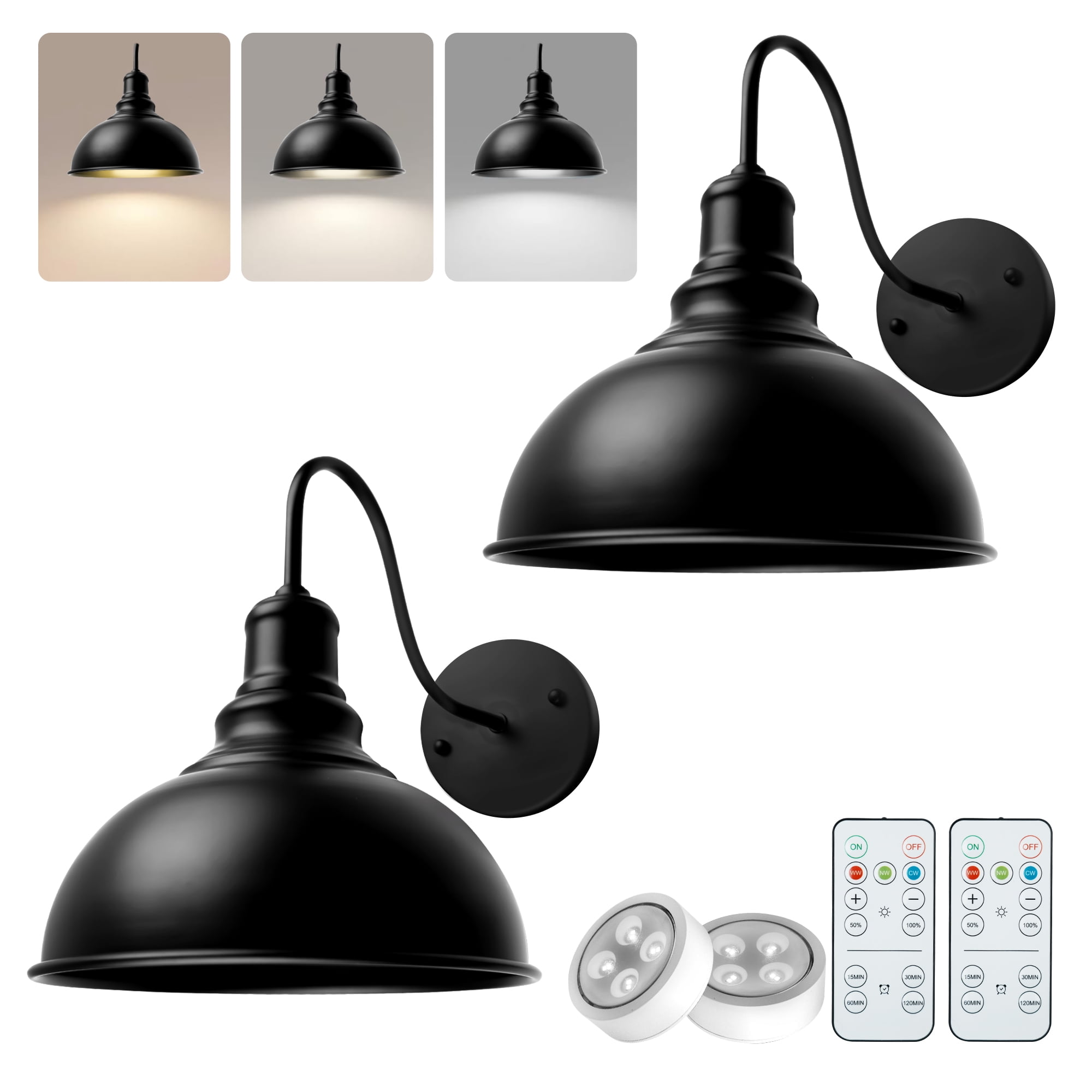Black Industrial Battery Operated Dimmable Wall Sconce Set