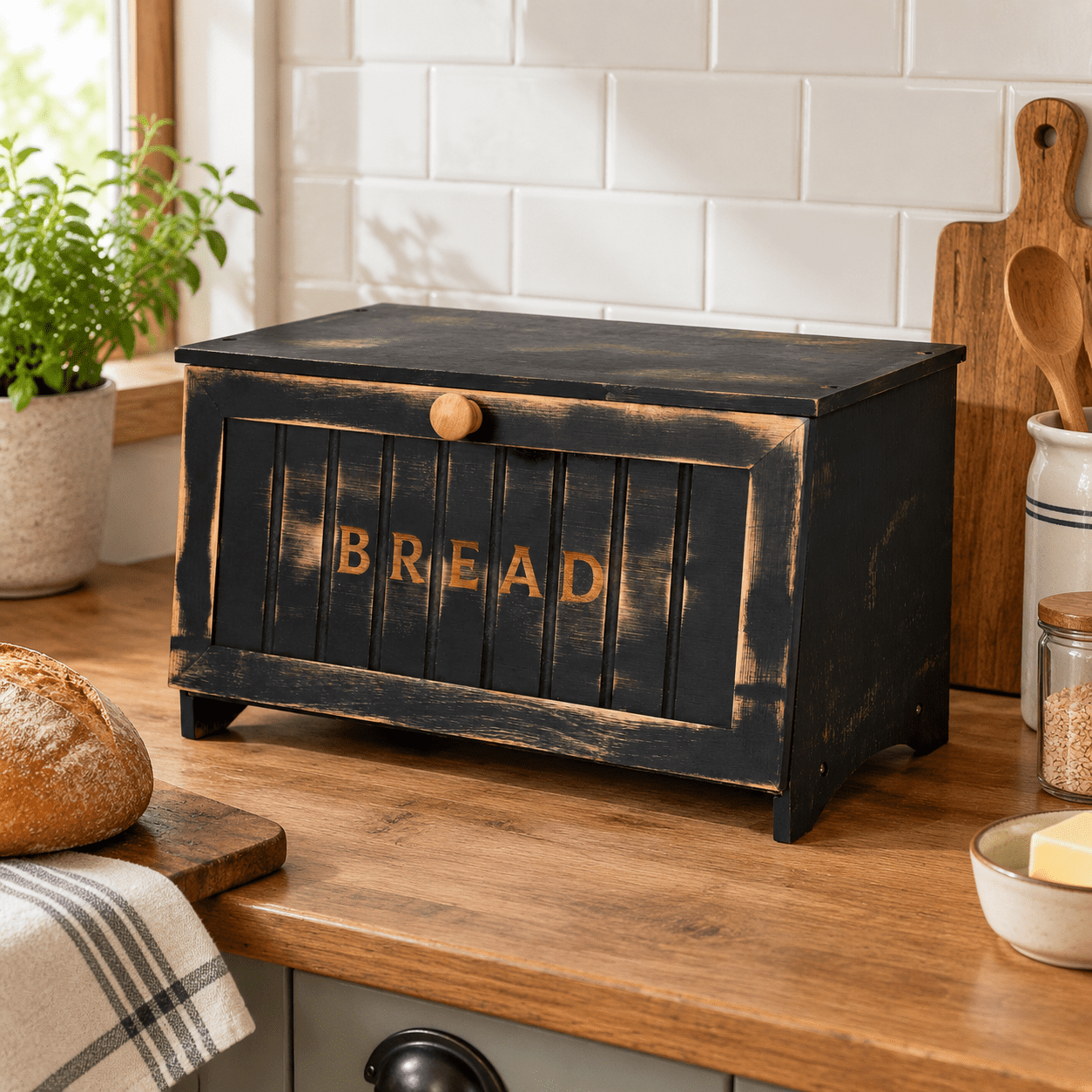 Rustic Bread Photo Vintage Black Wooden Single Layer Rustic Large Capacity Bread Box For ...